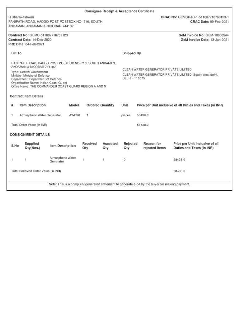 Acceptance Certificate - Indian Coast Gaurd-1